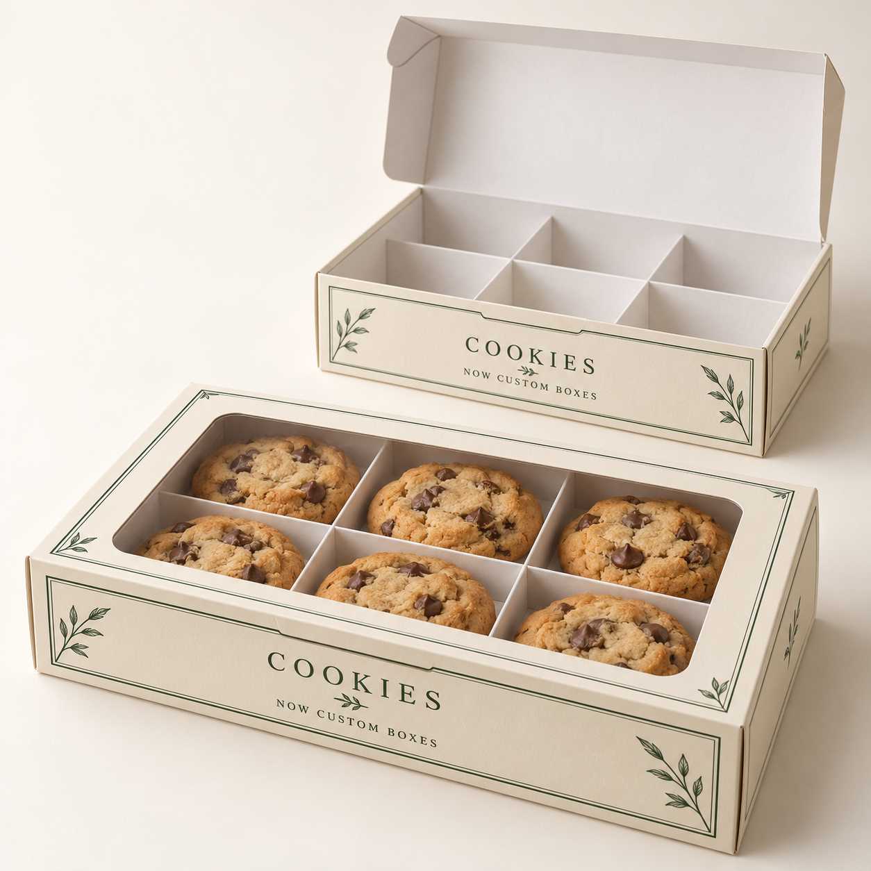 Cookie packaging design concept with a window box holding six chocolate-chip cookies and an open divided carton