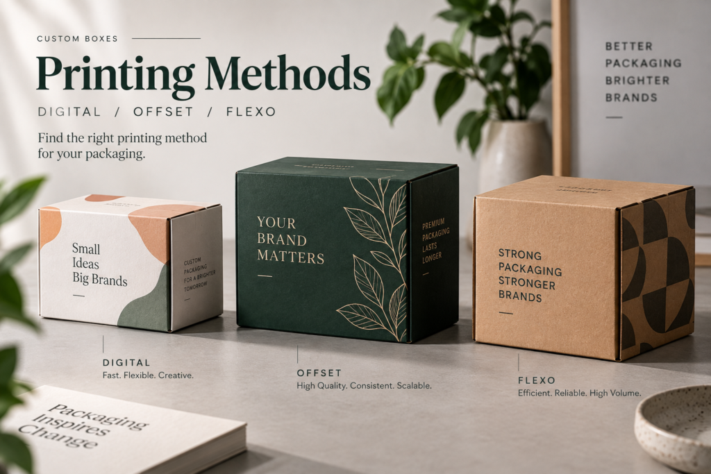 Custom box printing methods comparing digital, offset and flexographic printing