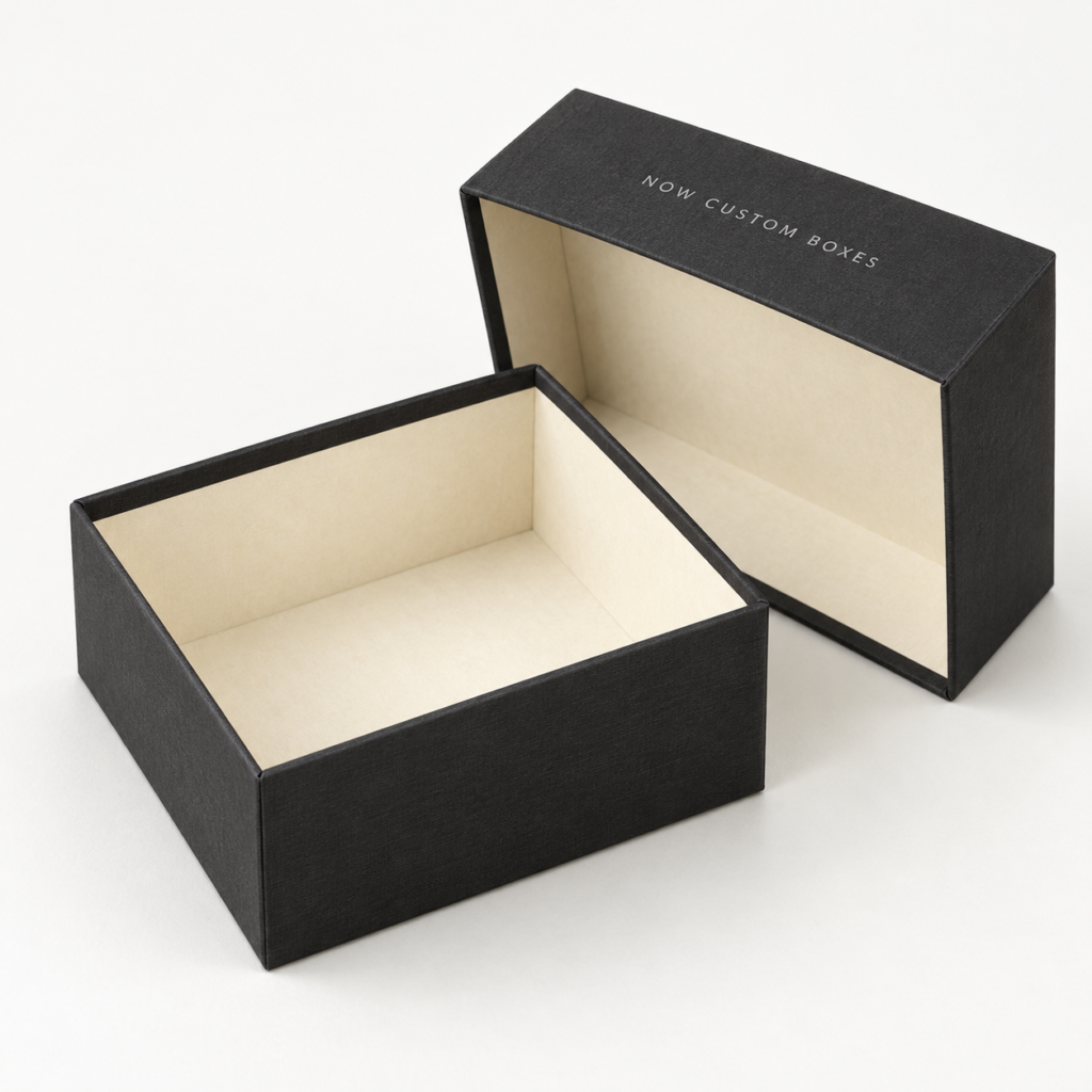 Two-Piece Rigid Box Design Concept 1 Digital concept of an open black two-piece rigid box with an ivory interior and separate lid